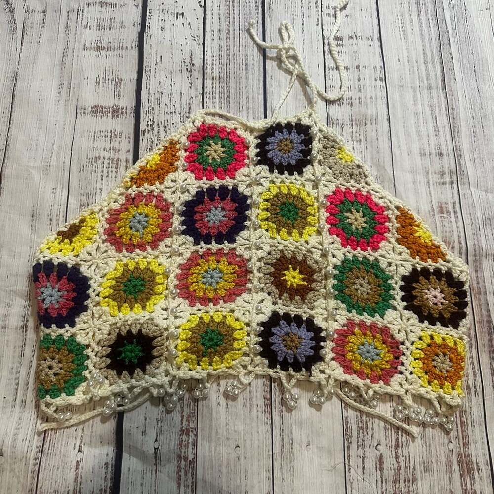 Multi-Color Crochet Granny Square Halter Crop Top with Pearl Beaded Tassels-S